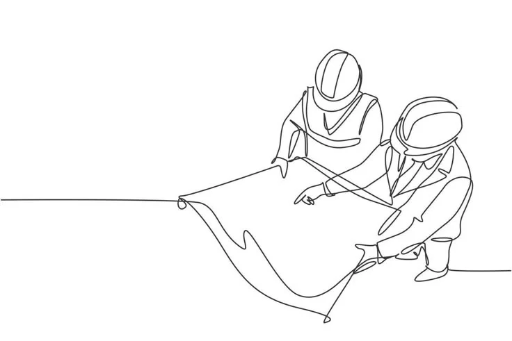 A line drawing of two engineers examining a plan together.