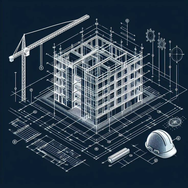 An architectural blueprint connecting a structure to its measurements, components and construction plan.