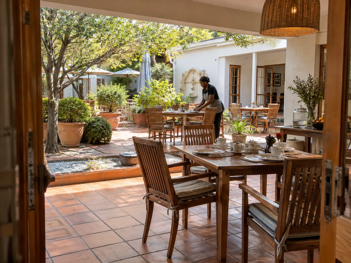Illustrative guesthouse host resetting breakfast tables beside an empty courtyard