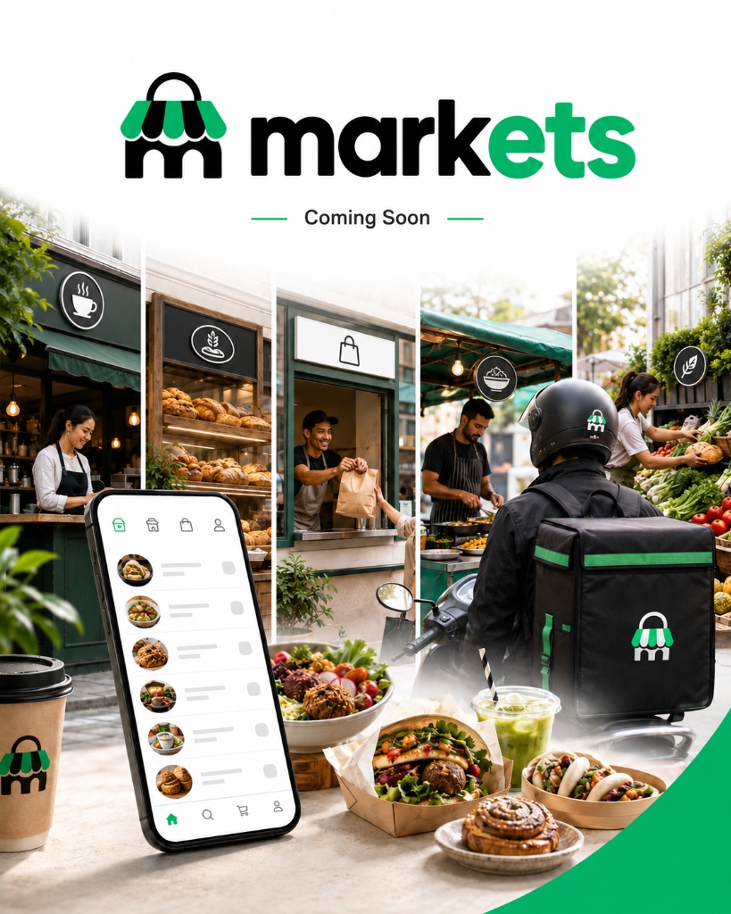 Markets platform pre-launch preview showing app interface, storefronts, and local food delivery